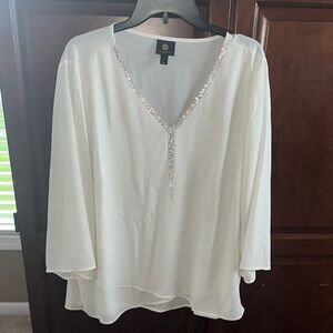 JM Collection White Embellished 3/4 Sleeve Blouse